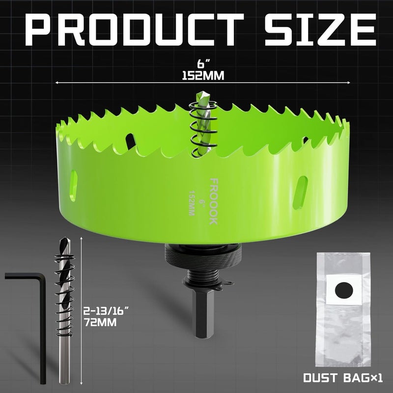 FROOOK 6"(152mm) Bi-Metal Hole Saw with Arbor-Multi-Material Cutting Kit for Thin Iron, Wood & Drywall - High-Speed Steel Teeth with Smooth Cutting Edge, Fast Chip Removal & Bonus Dust-Proof Bag - Image 2